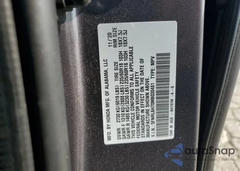 2021 Honda Odyssey Exl z USA, uszkodzony, nr VIN 5FNRL6H70MB030481